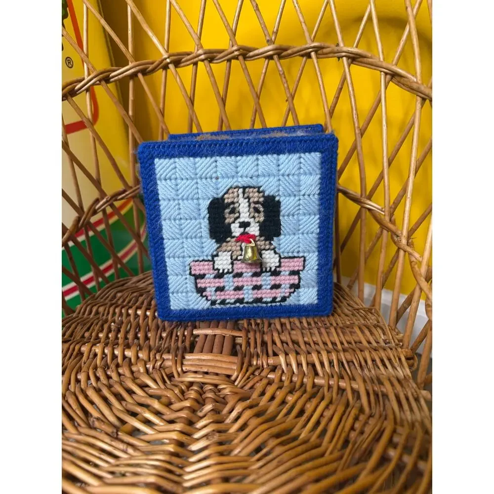 Baby blue dog bone treat Box Holder Cover Cross Stitch Handmade